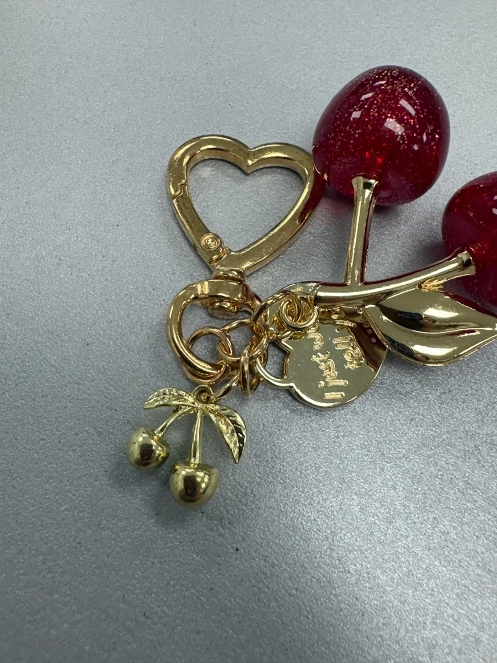Aesthetic Glitter Resin Cherry Bag Charm Keychain with Gold Heart Clasp